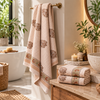 Handblock Waffle Cotton Towel Set – Bath Towel + 2 Hand Towels (Sandstone Bloom)
