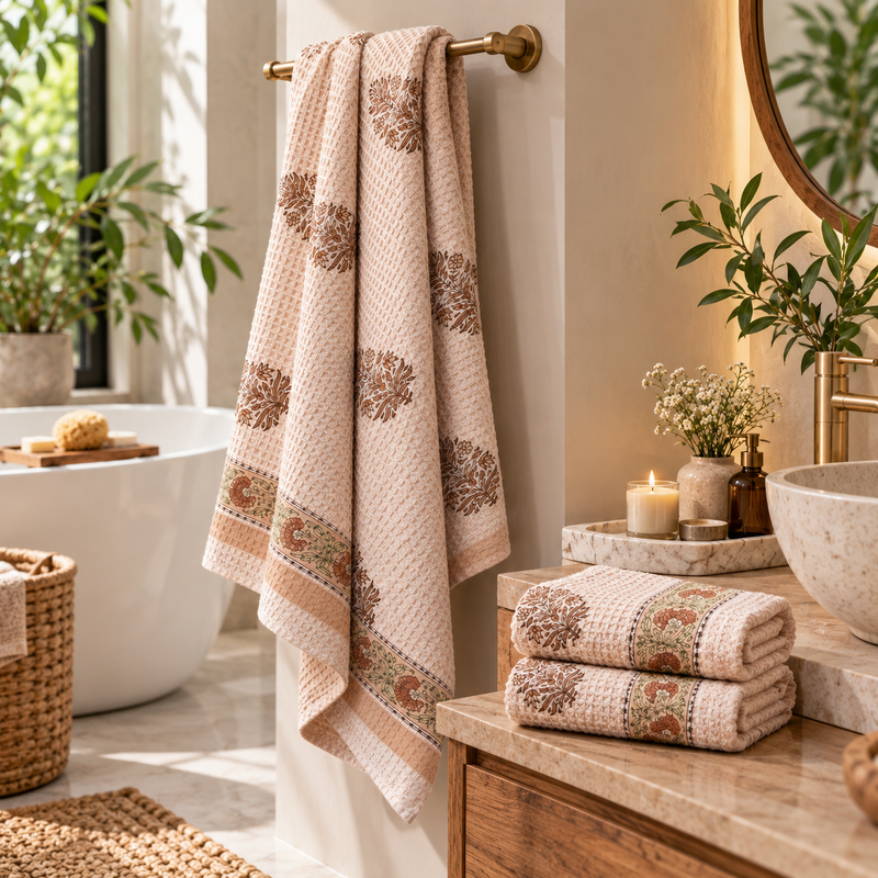 Handblock Waffle Cotton Towel Set – Bath Towel + 2 Hand Towels (Sandstone Bloom)