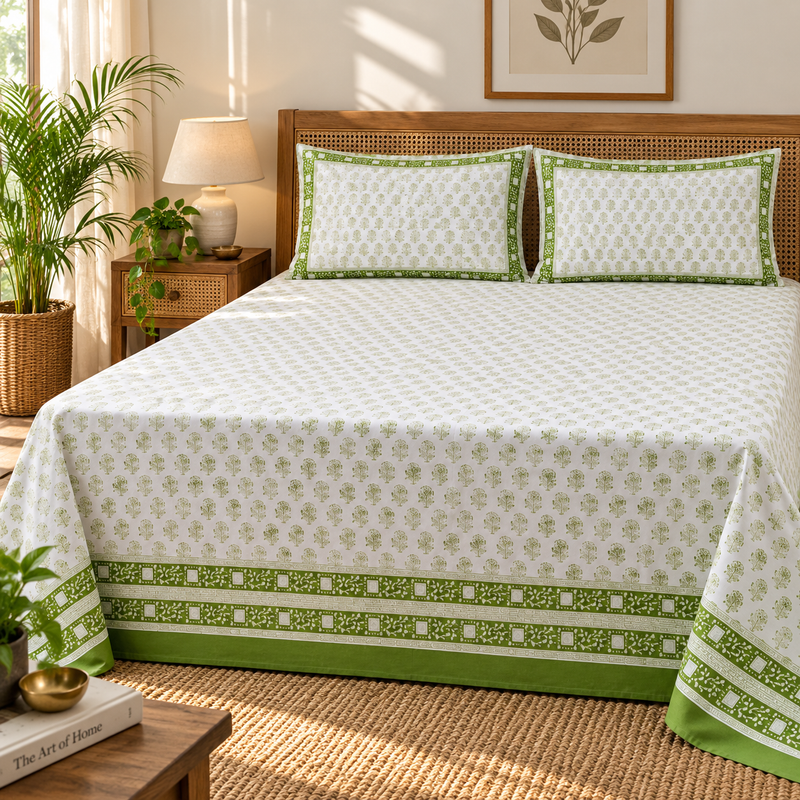 Handblock Printed Cotton Double Bedsheet set- Olive Grove