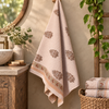 Handblock Waffle Cotton Towel Set – Bath Towel + 2 Hand Towels (Sandstone Bloom)