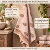 Handblock Waffle Cotton Towel Set – Bath Towel + 2 Hand Towels (Sandstone Bloom)