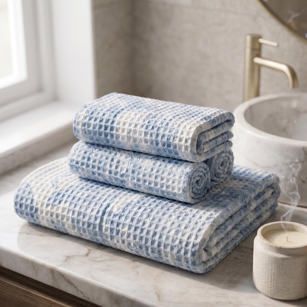 Aqua Marble Bamboo Waffle Towel Set – Suminagashi Inspired | 3 Piece
