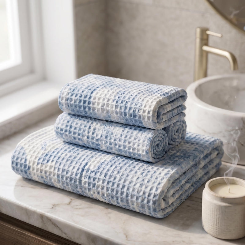 Aqua Marble Bamboo Waffle Towel Set – Suminagashi Inspired | 3 Piece