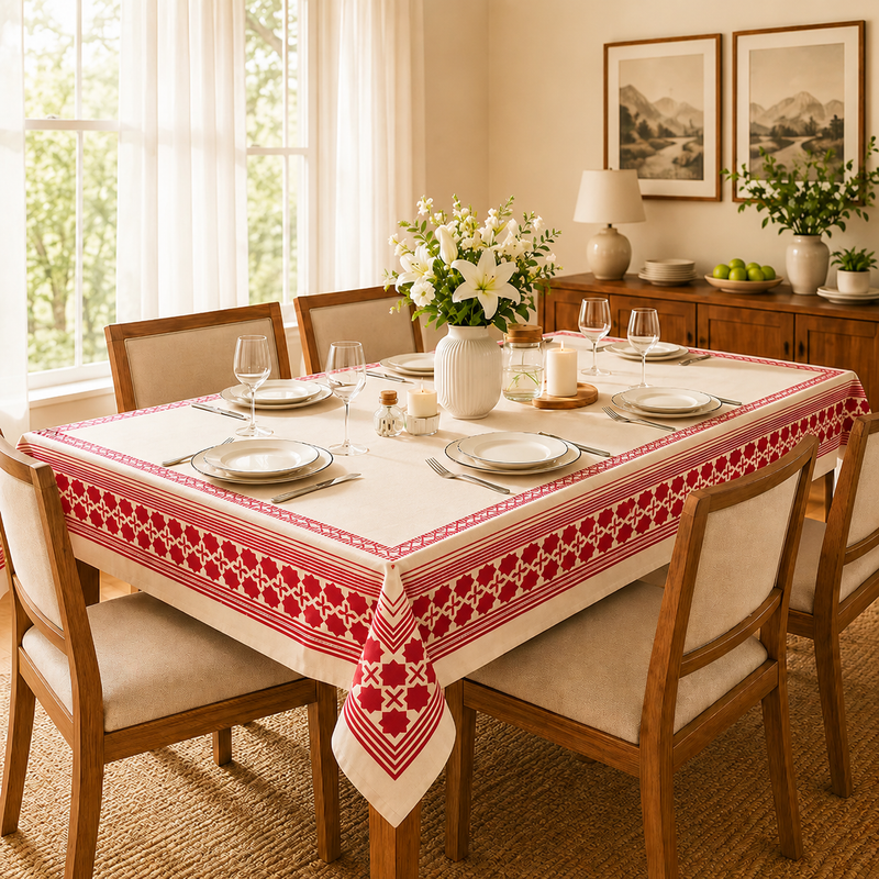 Handblock Slub Cotton Tablecloth- Tuscan Heritage | AZO Free Cotton | Jaipur Artisan