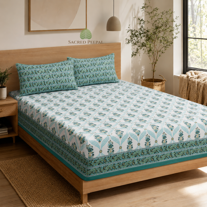 400 TC Percale Cotton Flat Bedsheet —  Aqua Geometric | Handblock Print | Jaipur Artisan | AZO Free