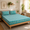 400 TC Percale Cotton Fitted Bedsheet — Aqua Lotus | Deep Pocket | Jaipur Handblock | AZO Free