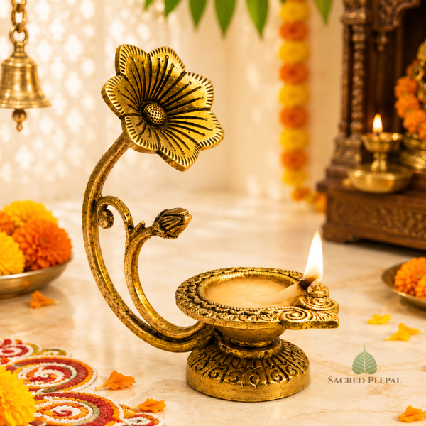 Pure Brass Antique Akhand Diya | Set of 3 Detachable Pieces | Moradabad Artisan | Festive Home Decor