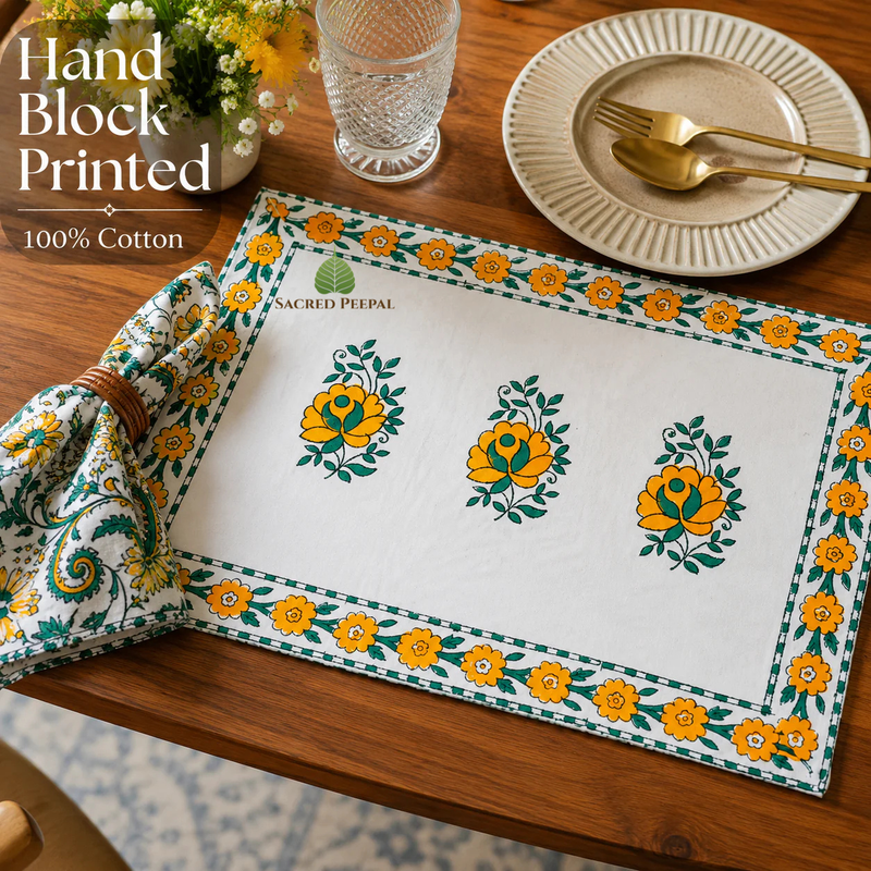 Sunehri Bloom Artisan Dining Table Linen Set – 6 Placemats & 6 Napkins