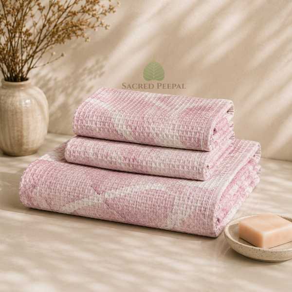 Luxe Bamboo Waffle Spa Towel Set – Bath & Hand Towels ( Blush Pink)