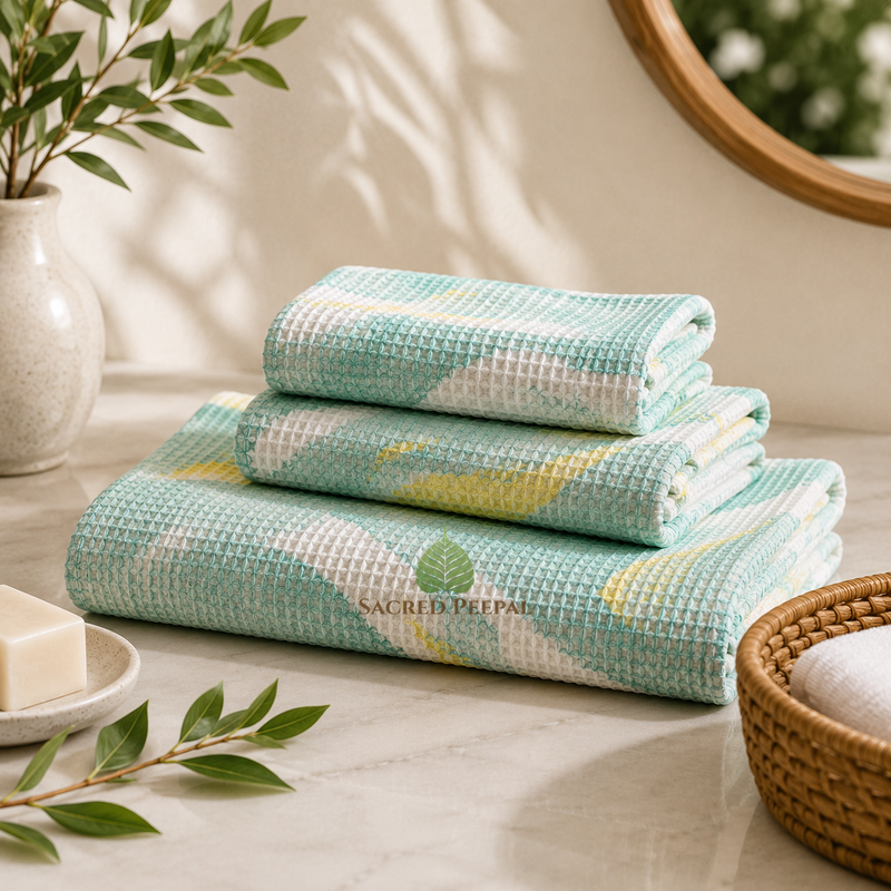 Luxe Bamboo Waffle Spa Towel Set – Bath & Hand Towels (Sage Green + Yellow)