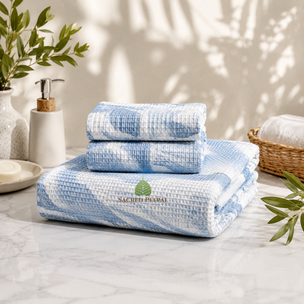 Luxe Bamboo Waffle Spa Towel Set – Bath & Hand Towels (Blue + white)