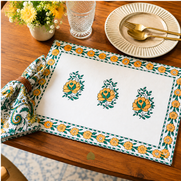 Handblock Canvas Placemat & Napkin Set of 6 — Sunehri Bloom | AZO Free | Jaipur Artisan
