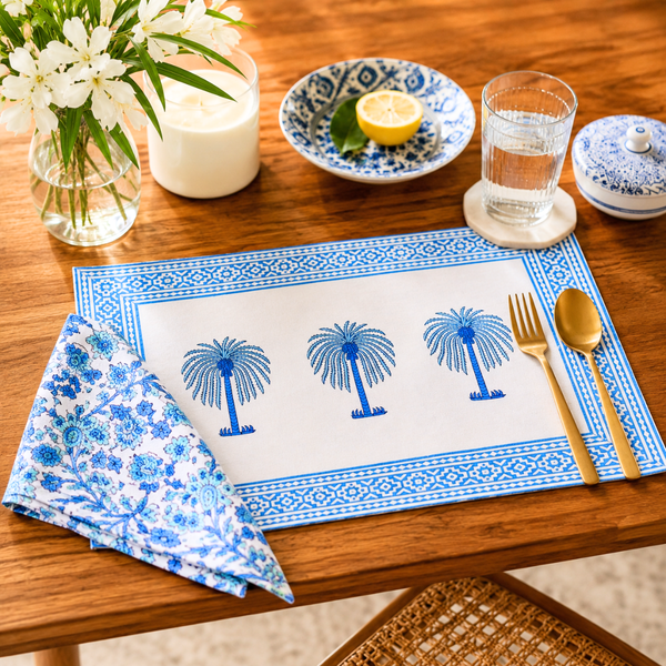 Handblock Canvas Placemat & Napkin Set of 6 — Azure Blue Palm | AZO Free | Jaipur Artisan