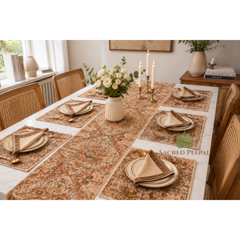 Terracotta Heritage Kilim-Inspired 6-Seater Dining Table Linen Set