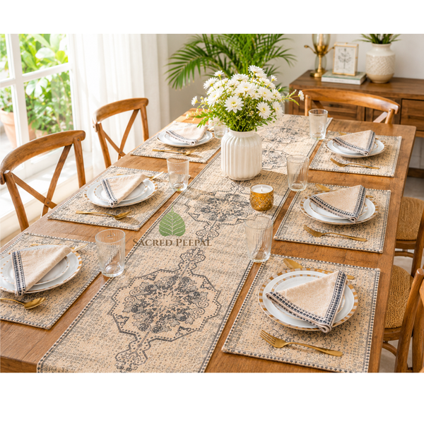 Ivory Heritage Kilim-Inspired Dining Table Linen Set – 6 Seater