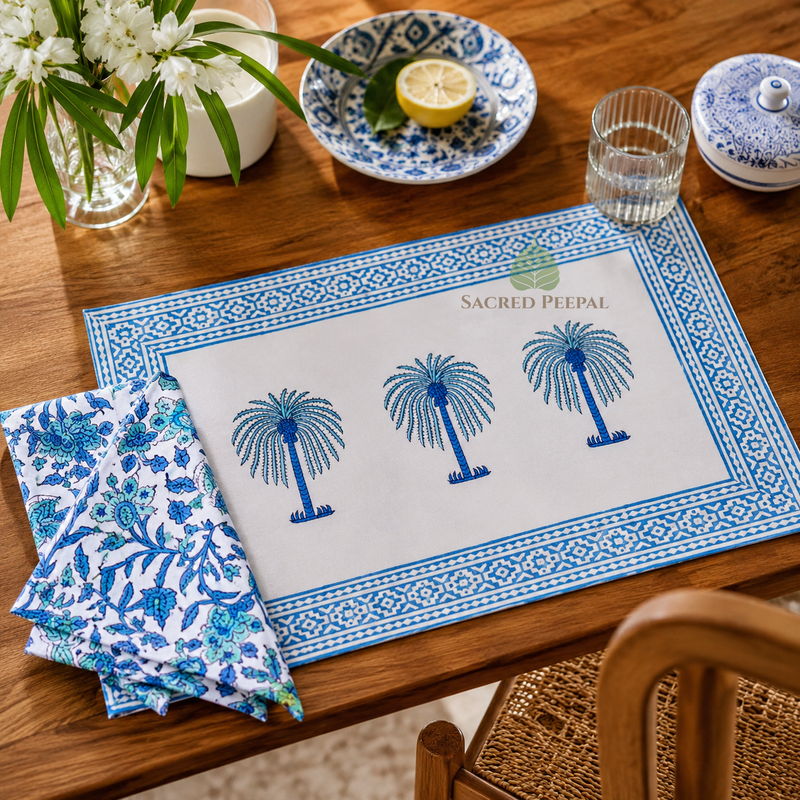 Azure Blue Palm Artisan Dining Linen Set