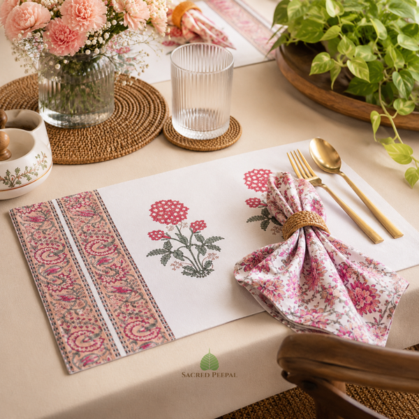 Handblock Canvas Placemat & Napkin Set of 6 — Blush Paisley Bloom | AZO Free | Jaipur Artisan