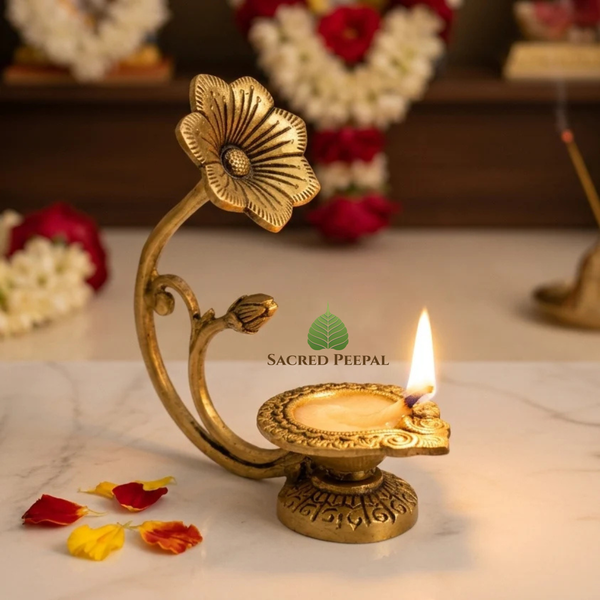 Handcrafted Pure Brass Akhand Diya with Detachable Lotus Stem Handle | Moradabad Artisan Oil Lamp | 3-Piece Dismantlable Festive Gift Decor