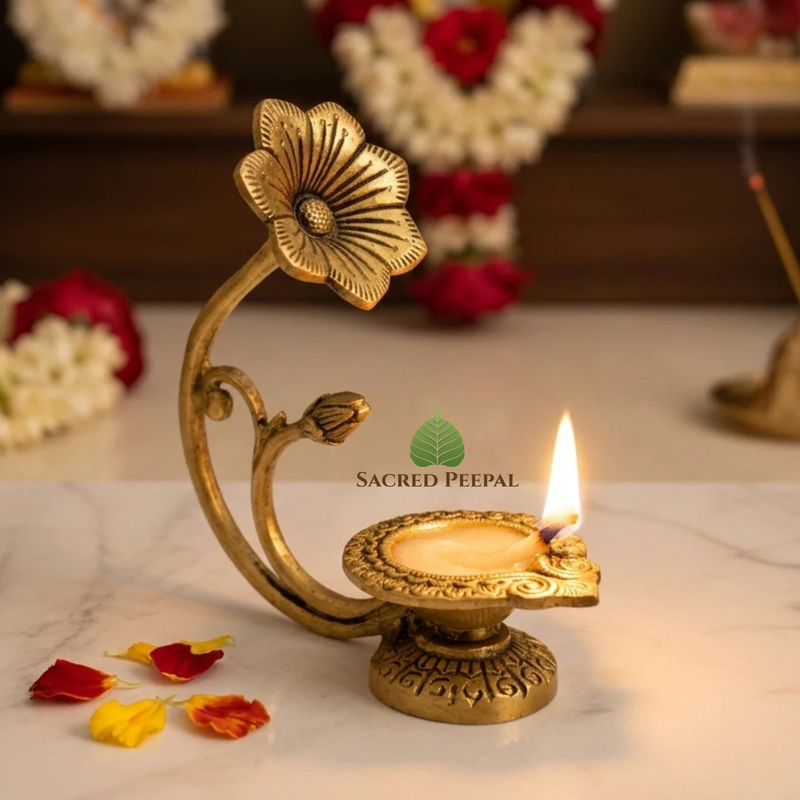 Handcrafted Pure Brass Akhand Diya with Detachable Lotus Stem Handle | Moradabad Artisan Oil Lamp | 3-Piece Dismantlable Festive Gift Decor