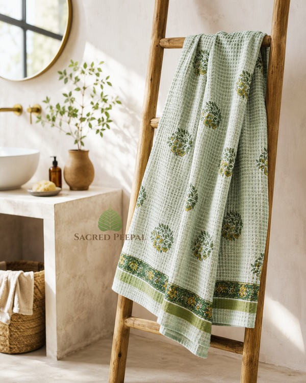 Handblock Waffle Bath Towel — Mint Blossom | AZO Free Cotton | Jaipur Artisan