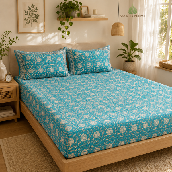 400 TC Percale Cotton Fitted Bedsheet — Aqua Lotus | Deep Pocket | Jaipur Handblock | AZO Free