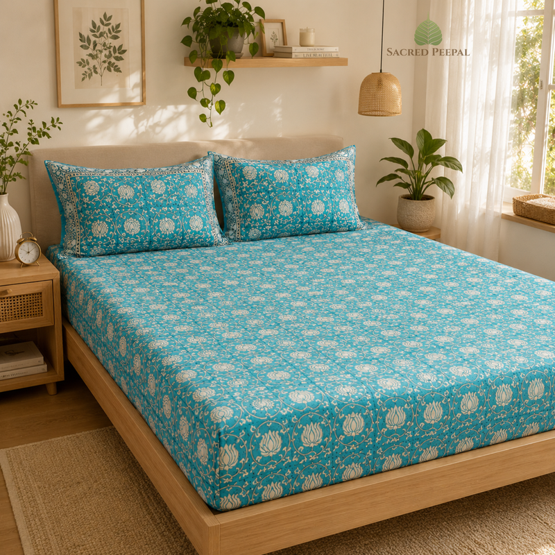 400 TC Percale Cotton Fitted Bedsheet — Aqua Lotus | Deep Pocket | Jaipur Handblock | AZO Free