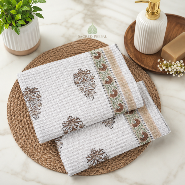 Hand Block Printed Cotton Waffle Hand Towels Set of 2- Sandstone Bloom | Soft & absorbent