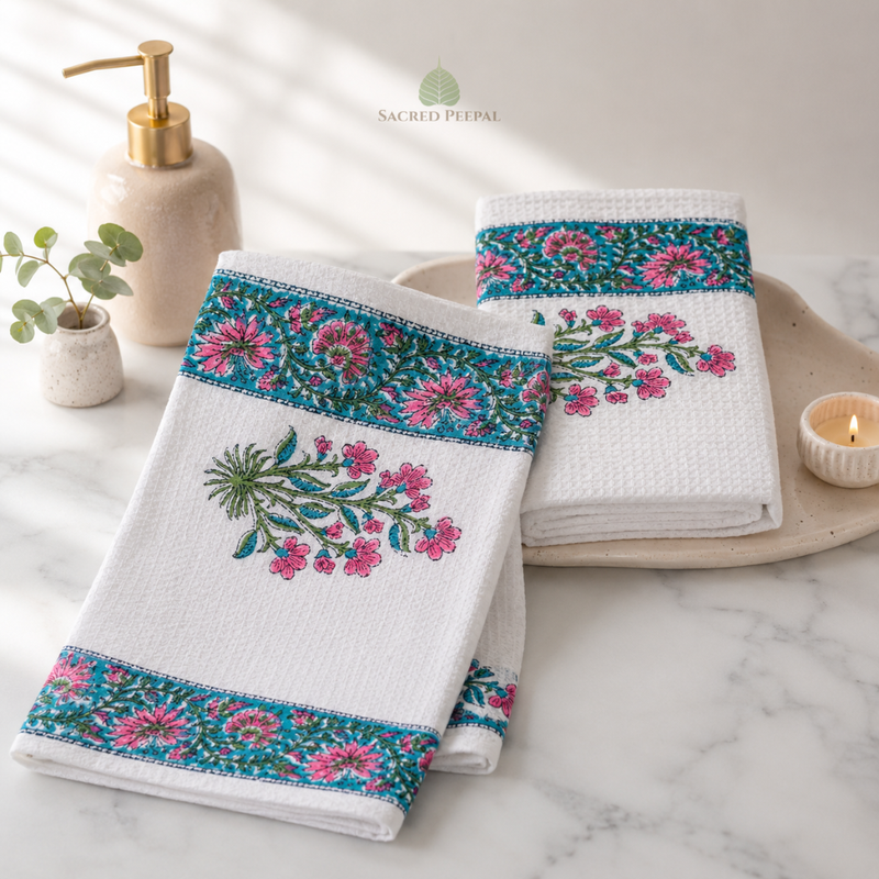 Hand Block Printed Cotton Waffle Hand Towels Set of 2-Pink Heritage Floral | Soft & absorbent