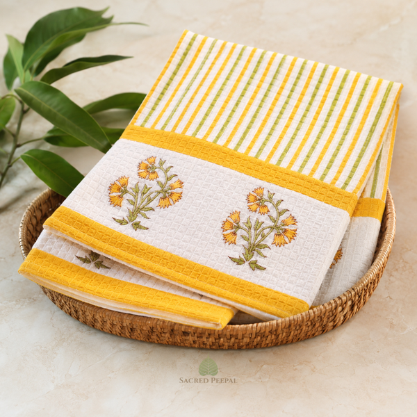 Hand Block Printed Cotton Waffle Hand Towels Set of 2-Marigold Bloom | Soft & absorbent