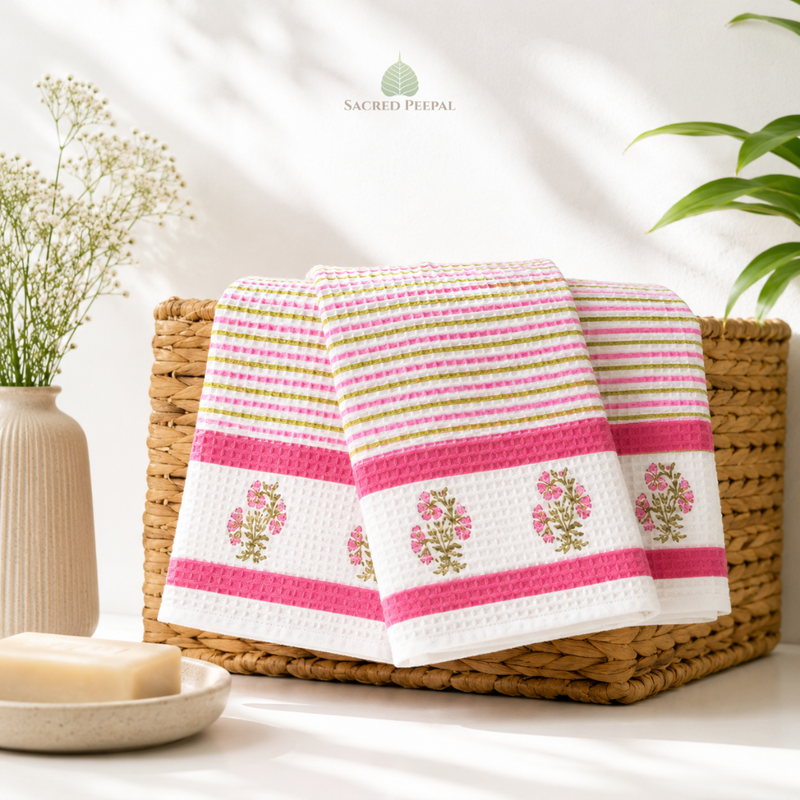 Hand Block Printed Cotton Waffle Hand Towels Set of 2-Pink Blossom | Soft & absorbent