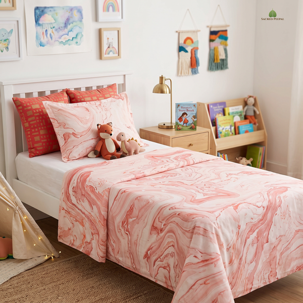 Single Bed Cotton Dohar – Blush Coral Suminagashi Inspired