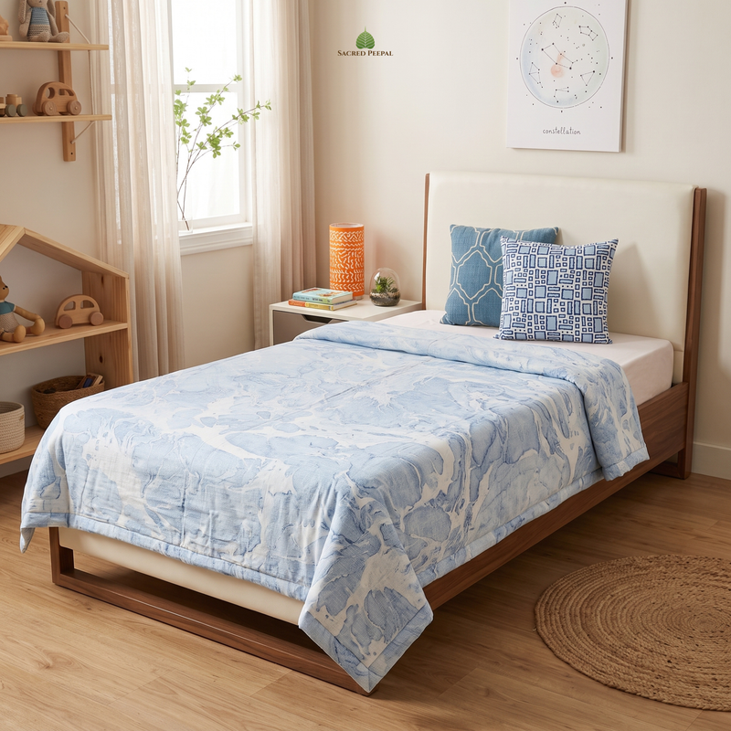 Single Bed Cotton Dohar – Powder Blue Suminagashi Inspired