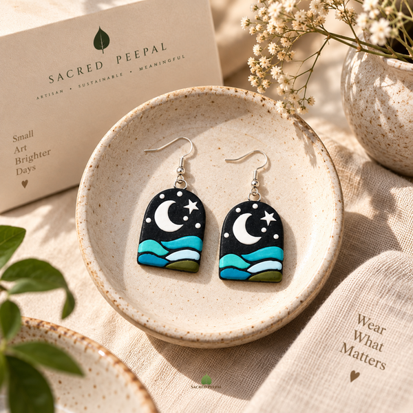 Moonlit Tides Hand-Painted Terracotta Earrings