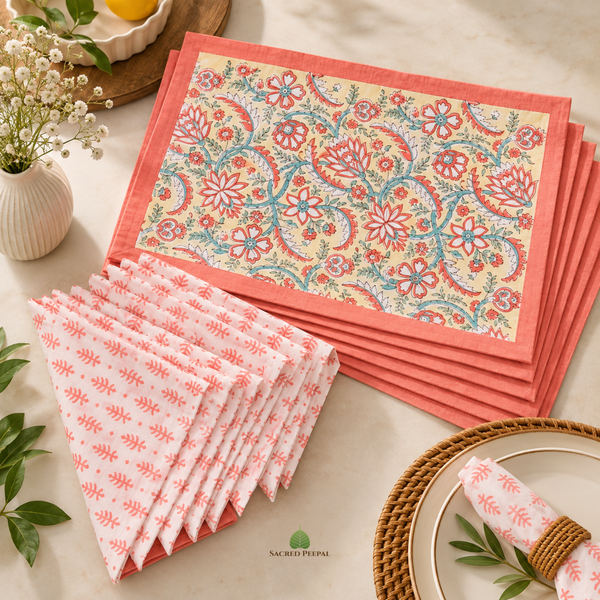 Handblock Canvas Placemat & Napkin Set of 6 — Coral Blossom | AZO Free | Jaipur Artisan