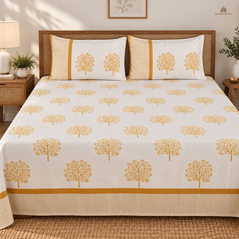 Handblock Printed Cotton Double Bedsheet set- Mustard Tree